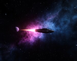 Obraz premium Futuristic Spacecraft Flying Through Cosmic Nebula with Bright Colors