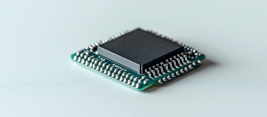 Microchip on circuit board, white background, tech website
