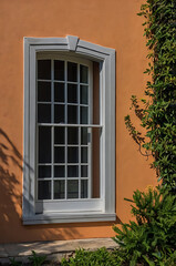 Fototapeta premium A charming window with a grey frame and multiple panes, set against an orange stucco wall, surrounded by greenery. The scene is bathed in sunlight, creating beautiful shadows.