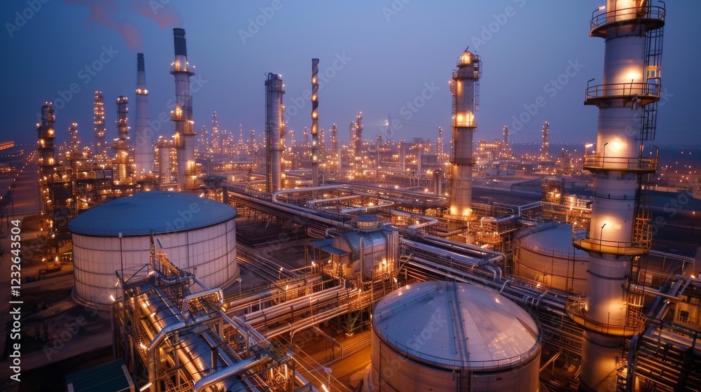 Leinwandbilder At dusk, a large industrial complex glows under the night sky with an extensive network of illuminated pipelines and towering structures, creating a stark contrast against the darkening horizon.