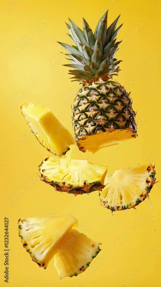 Poster Pineapple slices and a whole pineapple levitating on a vibrant yellow background, creating a dynamic and refreshing visual, ideal for food and beverage advertising or summer themed projects