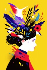 Naklejka premium side profile of woman with floral shapes and hummingbird adorning her hair in a colorful illustration copyspace concept of art, lifestyle, creativity