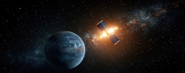 Obraz premium Satellite Orbiting Earth with Galactic Background and Starscape