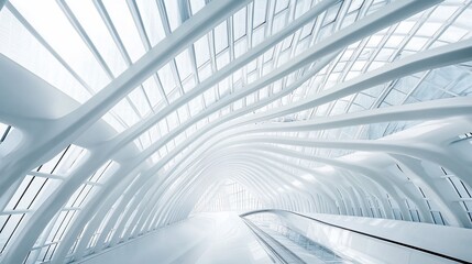 Modern white futuristic walkway, glass ceiling, travelator, architectural interior, design