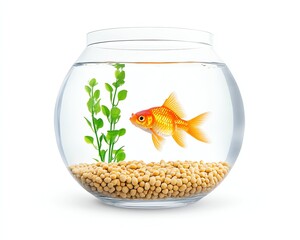 Pet food industry , pet business growth Goldfish swimming in a clear fishbowl. Isolate on white image for advertising