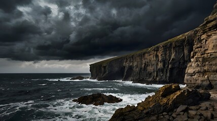 Fototapeta premium Majestic rocky cliffs rise above the deep blue ocean, with dark storm clouds looming overhead. The rugged coastline and powerful waves create a dramatic and moody atmosphere, perfect for eascape photo