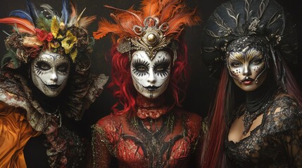 Three Women in Elaborate Fantasy Masks and Costumes