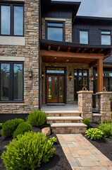 Obraz premium Luxury Stone House Exterior: Modern Architectural Design, Landscaping, and Pathway