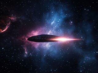 Futuristic Spaceship Traveling Through Colorful Cosmic Nebula Scene