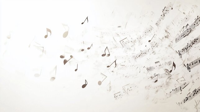 Musical notes flowing, white background, abstract design, website header