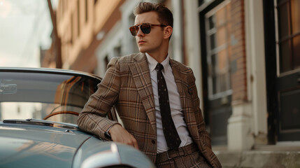 A stylish man in a tailored suit leans on a classic car, exuding elegance, confidence, and sophistication. The urban backdrop adds to the timeless, luxury aesthetic.
