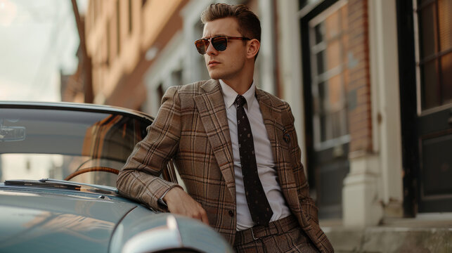 A stylish man in a tailored suit leans on a classic car, exuding elegance, confidence, and sophistication. The urban backdrop adds to the timeless, luxury aesthetic.