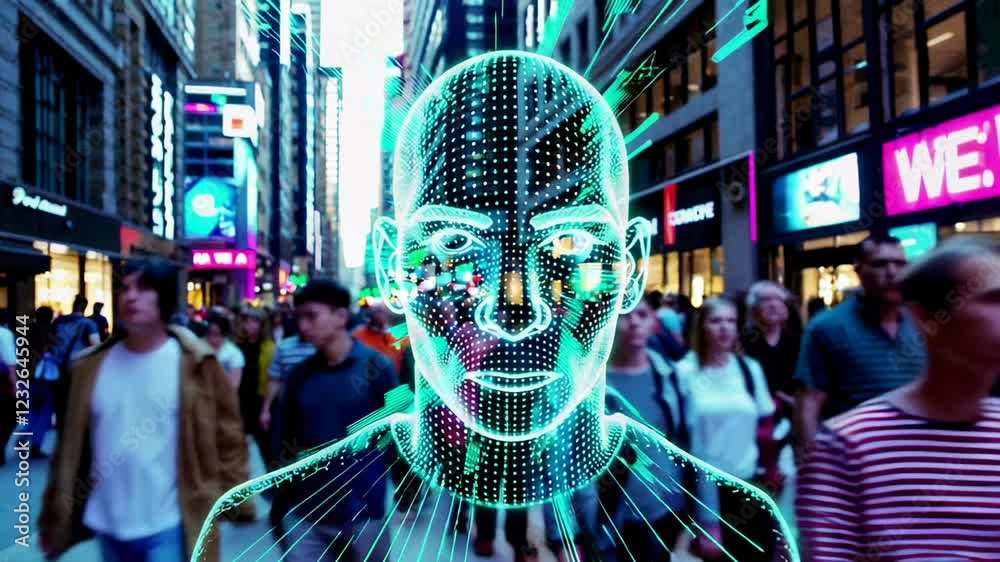 Poster artificial intelligence tracks and identifies citizens walking down a crowded city street using faci