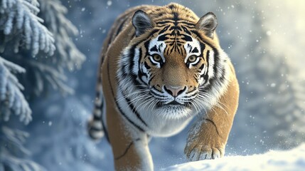 Obraz premium Majestic Siberian Tiger Walking Through Snowy Forest