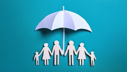 커다란 우산 아래 보호받는 다양한 복지 상징물의 종이인형