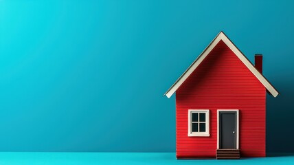 A vibrant red house stands against a solid teal background, showcasing a minimalist design with a door and window.