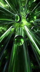 3r render of abstract art of green extraordinatory infinite glass tubes with green chemistry and angles and add leaf with nervures
