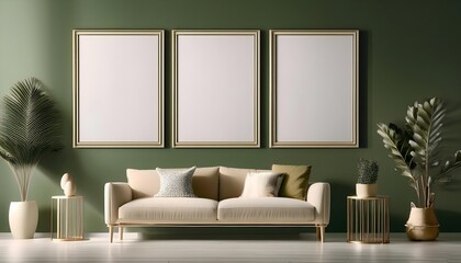 Three blank pictures frames mockup wall art posters on a green fresh wall with decorative items