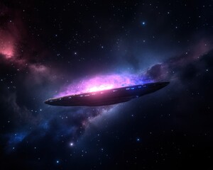 Futuristic spaceship hovering over a colorful cosmic nebula