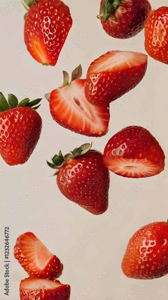 Poster Ripe red strawberries and vibrant slices floating against a light background, creating a dynamic and fresh visual. Juicy and sweet, these organic fruits evoke summer's essence