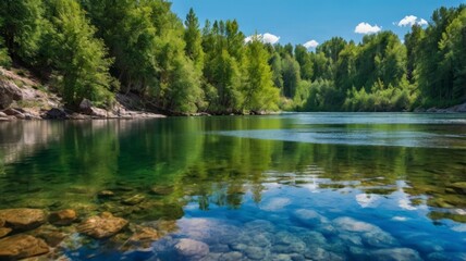 Naklejka premium Serene River Landscape with Crystal Clear Water and Lush Green Trees