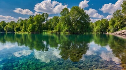 Serene Lake Landscape with Lush Green Trees and Clear Water