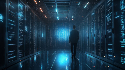 A cybersecurity professional, dressed in a modern dark outfit, standing in a dimly lit data center surrounded by glowing blue server racks. A holographic interface displays encrypted codes and securit