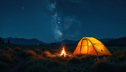 Illuminated Camping Tent at Night Under Starry Sky with Campfire