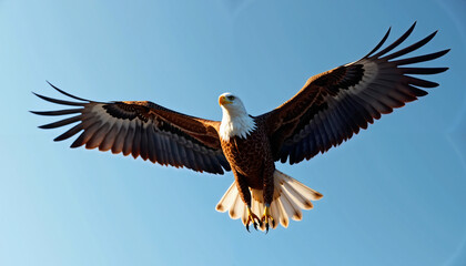 Obraz premium Majestic Bald Eagle in Flight Wings Spread Wide Against a Clear Blue Sky