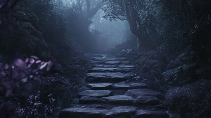 Mystical stone path, night forest, fog, fantasy game background