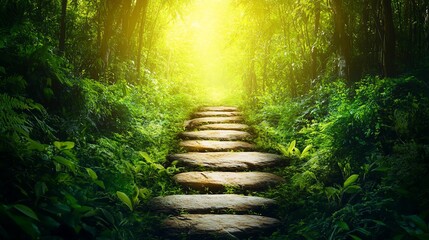 Sunlit stone path through lush jungle, leading to bright light; spiritual, travel, or adventure concept