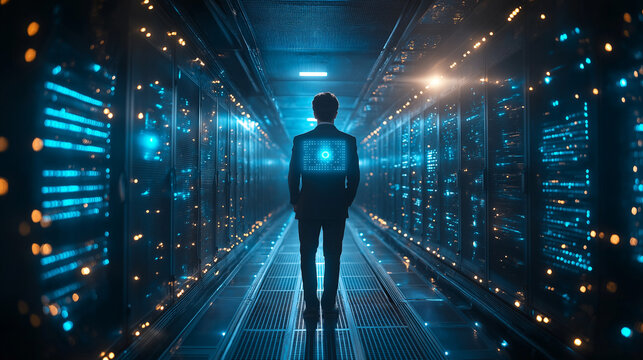 A cybersecurity professional, dressed in a modern dark outfit, standing in a dimly lit data center surrounded by glowing blue server racks. A holographic interface displays encrypted codes and securit