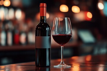 Red Wine Bottle and Glass on Bar