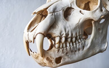 Naklejka premium Wolf Skull Macro Photography Capturing Its Natural Bone Ridges and Menacing Fangs in High Detail 