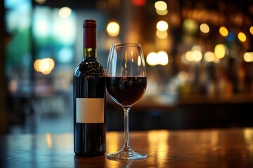 Red Wine Bottle and Glass in a Cozy Bar Setting