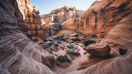 Sunlit canyon with towering sandstone formations, layered textures, contrasting light and shadow, and a winding path through a desert scene