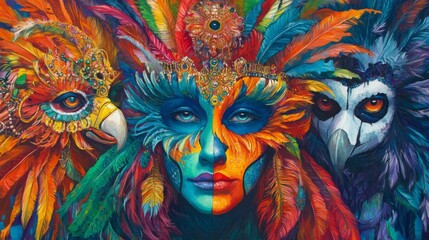 Obraz premium Vibrant Portrait of a Woman with Avian Masks