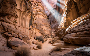 Sunlit canyon with towering sandstone formations, layered textures, contrasting light and shadow, and a winding path through a desert scene
