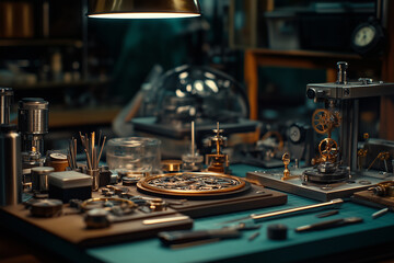 Obraz premium Intricately crafted components and tools on a watchmakers workbench in a workshop