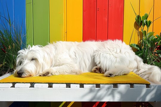A fluffy white dog relaxes on a yellow mat in front of a vibrant, multicolored wooden wall, surrounded by greenery.
