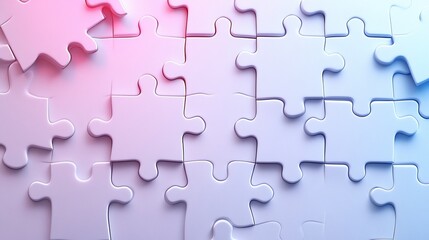 Fototapeta premium Pink-blue puzzle pieces connect, background blurred, teamwork concept