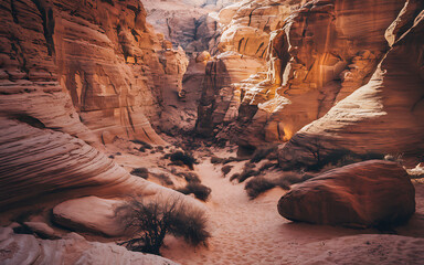 Sunlit canyon with towering sandstone formations, layered textures, contrasting light and shadow, and a winding path through a desert scene