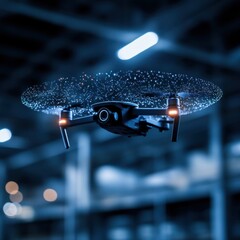 High-Tech Drone Flying in Modern Warehouse Setting with Lights