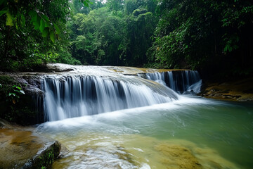 Fototapeta premium Long exposure capture of a tranquil waterfall in a lush green forest