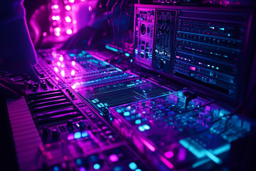 Obraz premium Vibrant low-angle view of a music producers studio showcasing equipment and colorful lights