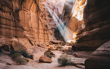 Sunlit canyon with towering sandstone formations, layered textures, contrasting light and shadow, and a winding path through a desert scene