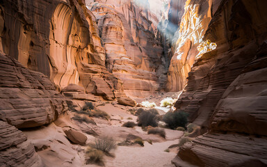 Sunlit canyon with towering sandstone formations, layered textures, contrasting light and shadow, and a winding path through a desert scene