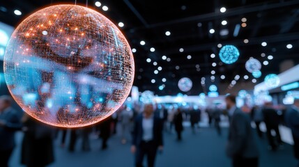 Futuristic Digital Globe Hanging in Modern Conference Environment