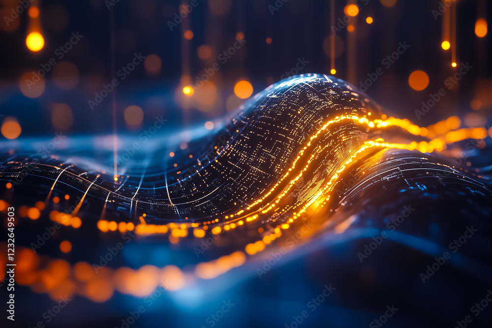 Poster brainwaves smoothly transition into a bright data line with glowing elements representing technology