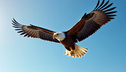 Obraz premium Majestic Bald Eagle in Flight Soaring High Above Clear Blue Sky